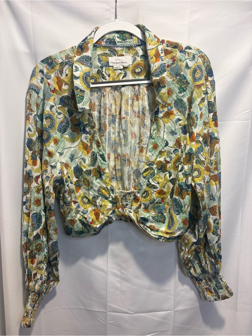 Anthropologie Twisted Front Cropped Blouse in Multi-Print